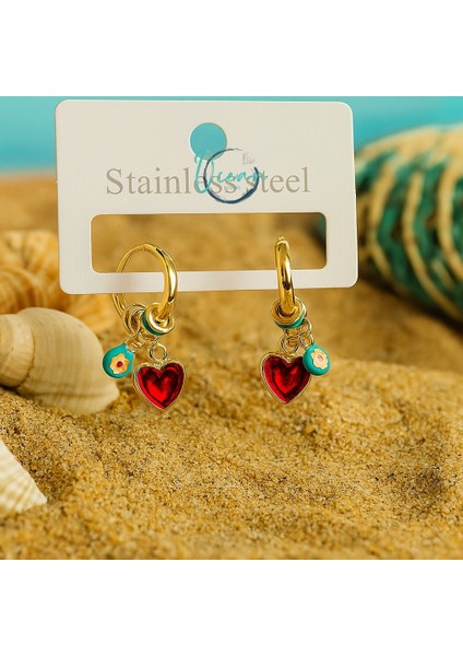 Pirinç Gold Renk Sallantı Kırmızı Kalp Model Çiçek Detay Kadın Küpe