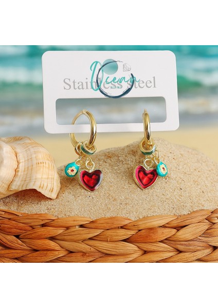 Pirinç Gold Renk Sallantı Kırmızı Kalp Model Çiçek Detay Kadın Küpe fiyatları