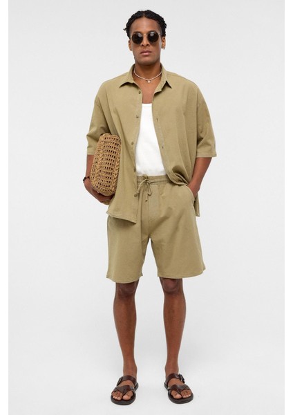 Oversize Keten Şort Açık Haki