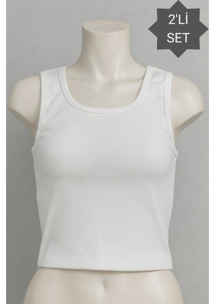 Kadın 2'li Set Vücuda Oturan Fitted Basic Yaka Crop Atlet