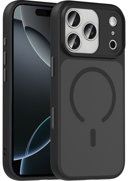 iPhone 17 Pro Kılıf Mat Arka Yüzey Wireless Şarj Özellikli Renkli Kaliteli Flet M-Safe Kapak - Siyah