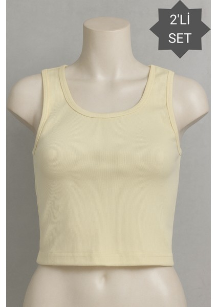 Kadın 2'li Set Vücuda Oturan Fitted Basic Yaka Crop Atlet