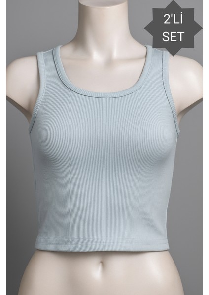 Kadın 2'li Set Vücuda Oturan Fitted Basic Yaka Crop Atlet