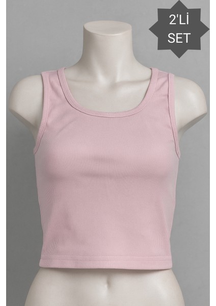 Kadın 2'li Set Vücuda Oturan Fitted Basic Yaka Crop Atlet