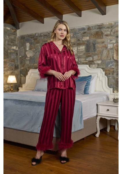 26375 Çizgili Orjişli Gömlek Yaka Pijama Takımı