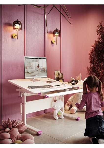 Vega Basic Çekmeceli Çalışma Masası, Kız Çocuk İçin Eğim ve Yükseklik Ayarlı Masa - 130x70 Cm, Ekru/Fuşya