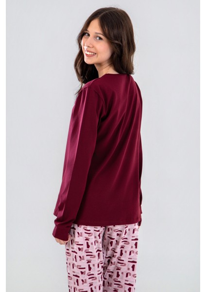 Genç Kız Çocuk Pamuklu Bisiklet Yaka Amour Baskılı Uzun Kollu Pijama Takımı 9252 Bordo fırsatları