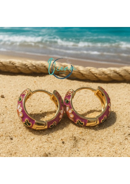 Pirinç Gold Renk Fuşya Mineli Etnik Desenli Halka Küpe fiyatları