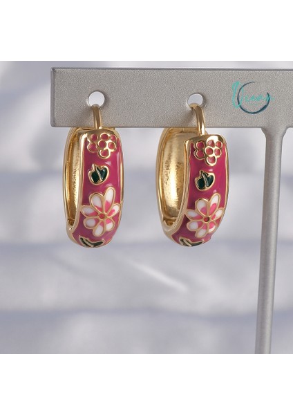 Pirinç Gold Renk Fuşya Mineli Etnik Desenli Halka Küpe modelleri