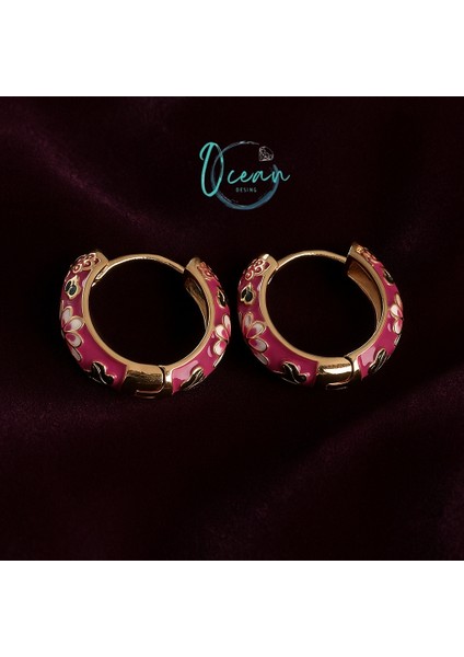 Pirinç Gold Renk Fuşya Mineli Etnik Desenli Halka Küpe indirimleri