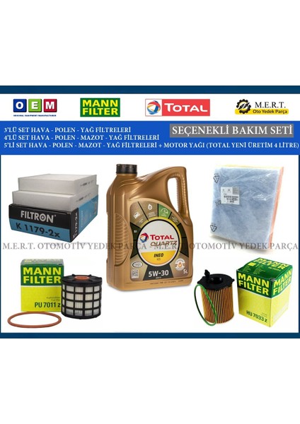 Peugeot 208 1.6 Blue Hdi Euro 6 Filtre Bakım Seti + Motor Yağı