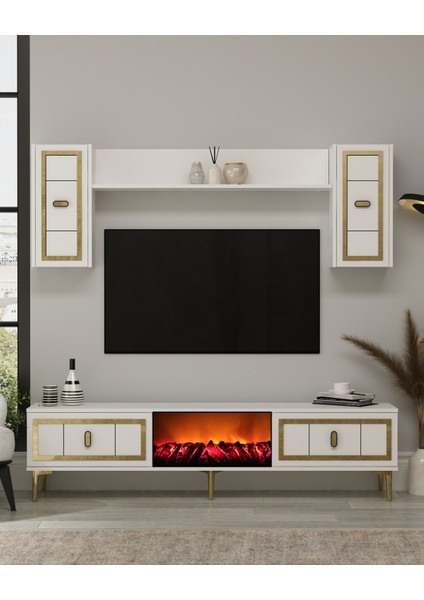Oriondh Şömineli (A) Tv Ünitesi Takımı Beyaz-Altın