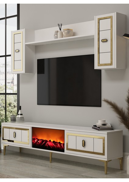 Oriondh Şömineli (A) Tv Ünitesi Takımı Beyaz-Altın fiyatları