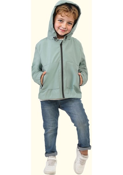 Spor Erkek Çocuk Mürdüm Içi Astarlı Su ve Rüzgar Geçirmez Kapüşonlu Çift Fermuarlı Cepli Yağmurluk