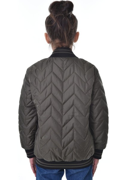 Kız Çocuk Haki Kolej Yaka Içi Astarlı Su ve Rüzgar Geçirmez Fermuarlı Cep Mont Ceket