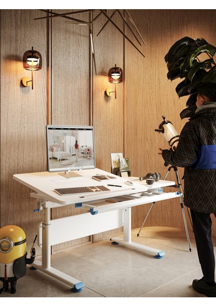 Vega Basic Ekonomik Çocuk Masası Erkek Çocuk İçin Çekmeceli Çalışma Masası - 130x70 Cm, Ekru/Mavi