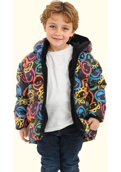 Spor Erkek Çocuk Gülen Emoji Polarlı Kürklü Su Ve Rüzgar Geçirmez Kapüşonlu Cepli Mont