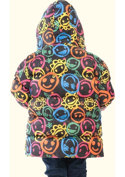 Spor Erkek Çocuk Gülen Emoji Polarlı Kürklü Su Ve Rüzgar Geçirmez Kapüşonlu Cepli Mont
