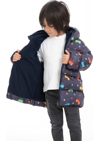 Spor Erkek Çocuk Polarlı Kapüşonlu Araba Yıldız Ay Desenli Mont & Kaban