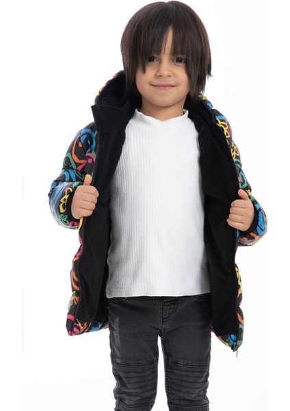 Spor Erkek Çocuk Polarlı Kapüşonlu Araba Yıldız Ay Desenli Mont & Kaban