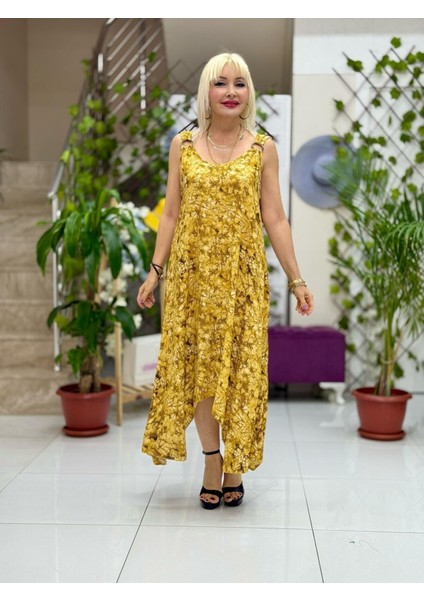 HL14016 Omzu Halkalı Askılı Viskon Hilal Elbise