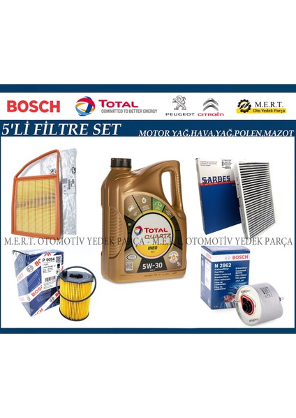 Citroen C5 1.6 E-Hdi Filtre Bakım Seti + Motor Yağı 2011-2015