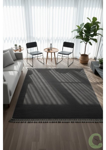 Post/peluş Yıkanabilir Kaymaz Taban Yumşacık Antrasit Örgü Saçaklı Modern ve Şık Salon Oturma Odası Mutfak Çocuk Odası Koridor Antre Halısı