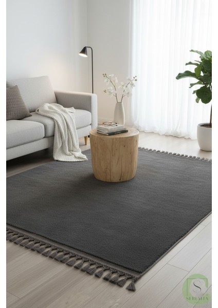 Post/peluş Yıkanabilir Kaymaz Taban Yumşacık Antrasit Örgü Saçaklı Modern ve Şık Salon Oturma Odası Mutfak Çocuk Odası Koridor Antre Halısı