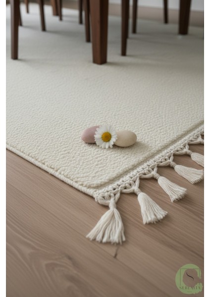 Post/peluş Yıkanabilir Kaymaz Taban Yumşacık Krem/ekru Örgü Saçaklı Modern ve Şık Salon Oturma Odası Mutfak Çocuk Odası Koridor Antre Halısı