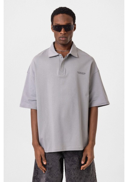 Polo Yaka Oversize Tişört Gri modelleri