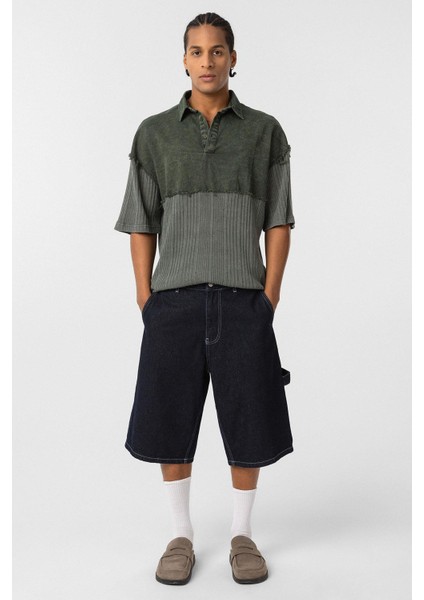 Yıkamalı Oversize Polo Yaka Tişört Haki