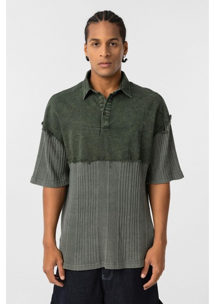 Yıkamalı Oversize Polo Yaka Tişört Haki modelleri