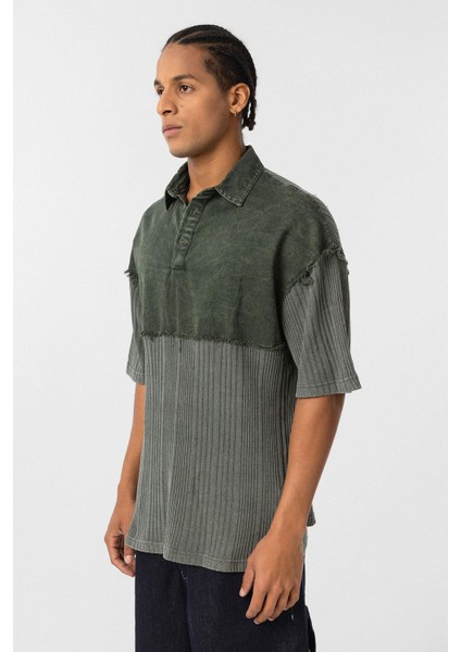 Yıkamalı Oversize Polo Yaka Tişört Haki fırsatları