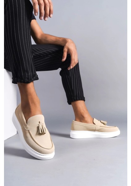 SLW154 Blaze Bağcıksız Püsküllü Süet Erkek Günlük Spor Klasik Ayakkabı Sbt - Krem