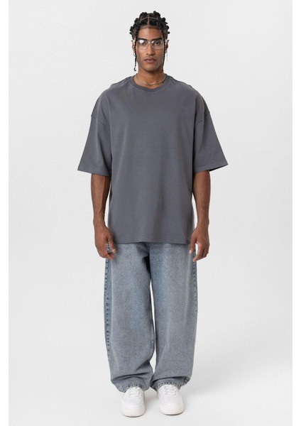 Basic Oversize Bisiklet Yaka Tişört Antrasit