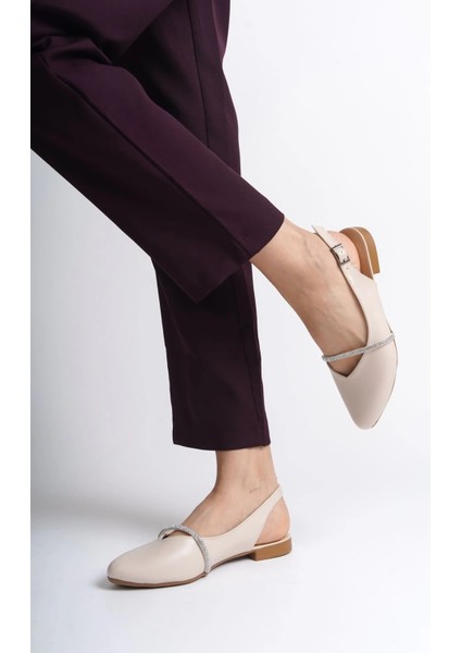 Allıson Tokalı Ortopedik Rahat Taban Taş Detaylı Kadın Babet Ayakkabı Kt - Krem modelleri