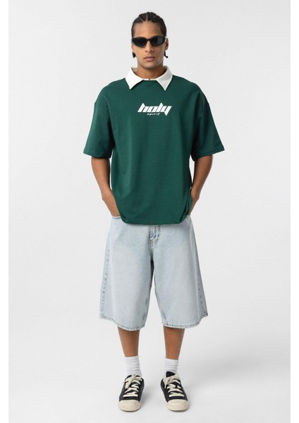 Polo Yaka Oversize Baskılı Tişört Nefti