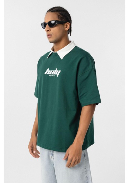 Polo Yaka Oversize Baskılı Tişört Nefti fırsatları