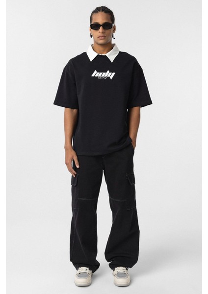 Polo Yaka Oversize Baskılı Tişört Siyah