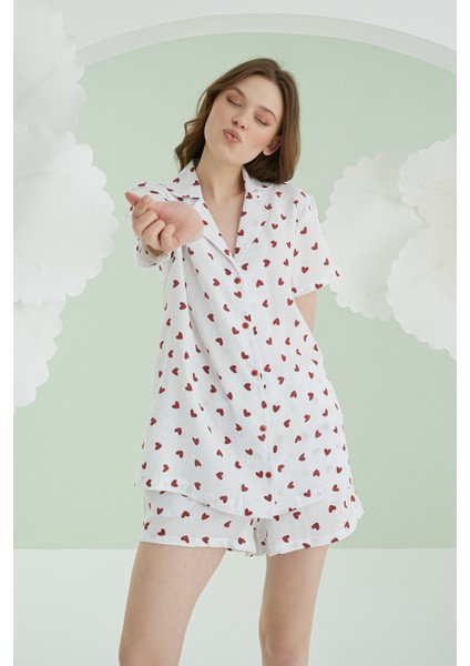 Ekru Kalpli Şortlu Önden Düğmeli Pijama Takımı