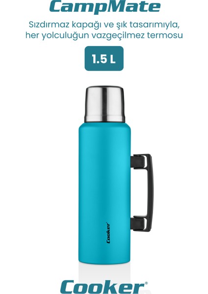 1.5 Litre Çift Katlı Çelik Termos-24 Saat Sıcak, 48 Saat Soğuk, Kulplu (Kamp, Piknik, Ofis, Seyahat)
