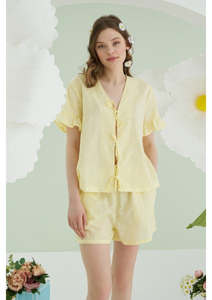 Sarı Papatya Şortlu Önden Bağlamalı Pijama Takımı modelleri