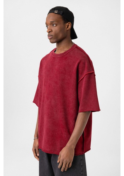 Yıkamalı Oversize Tişört Bordo fırsatları
