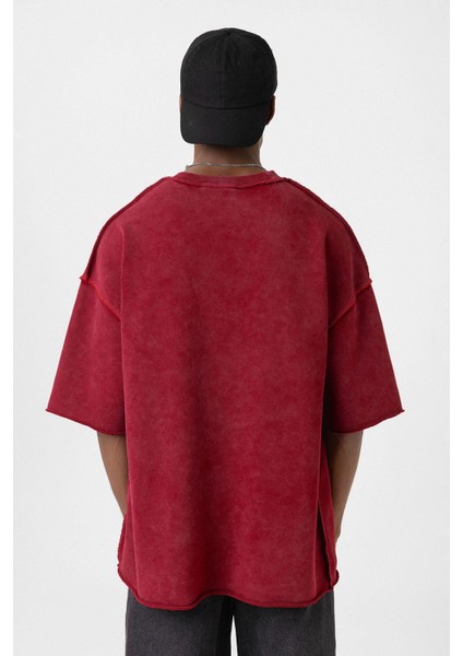 Yıkamalı Oversize Tişört Bordo indirimleri