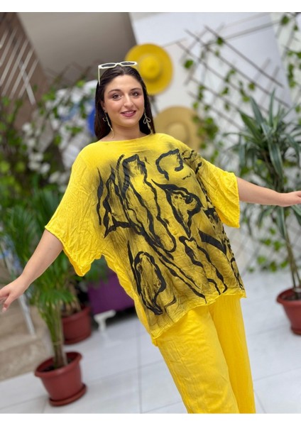 VL3009 Yarasa Kol Baskılı Vual Bluz Sarı