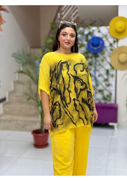 VL3009 Yarasa Kol Baskılı Vual Bluz Sarı modelleri