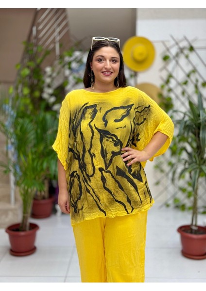 VL3009 Yarasa Kol Baskılı Vual Bluz Sarı fırsatları