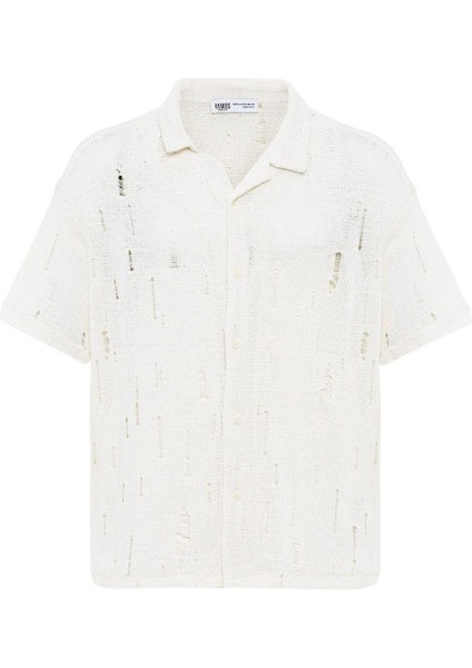 Oversize Deliklı Triko Gömlek Ekru