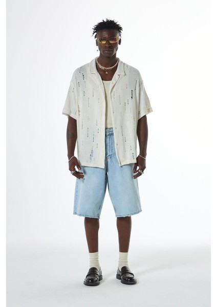 Oversize Deliklı Triko Gömlek Ekru fiyatları