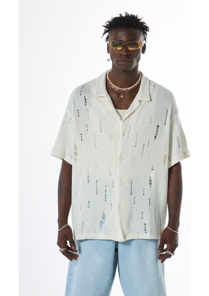Oversize Deliklı Triko Gömlek Ekru modelleri